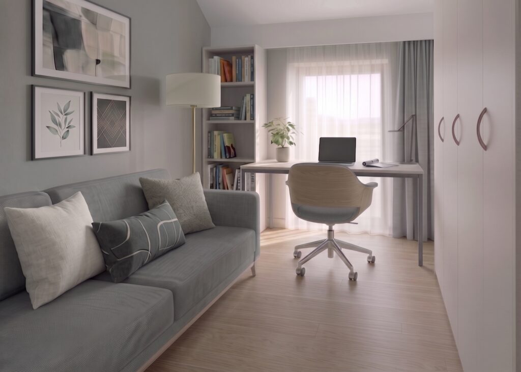 Wizualizacja sypialni z miejscem do pracy – projekt wnętrza JRO Architects