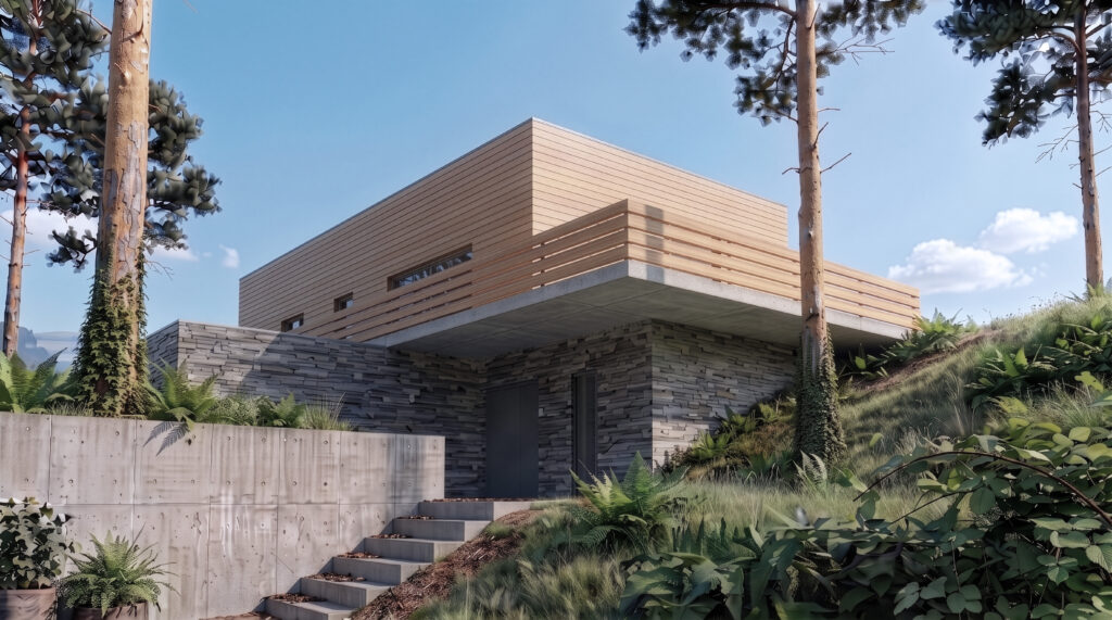 Projekt domu z płaskim dachem z drewnianą elewacją – JRO Architects