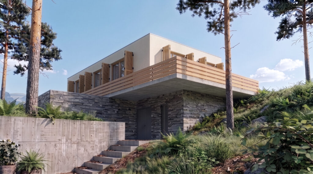 Projekt domu z płaskim dachem z drewnianymi okiennicami – JRO Architects